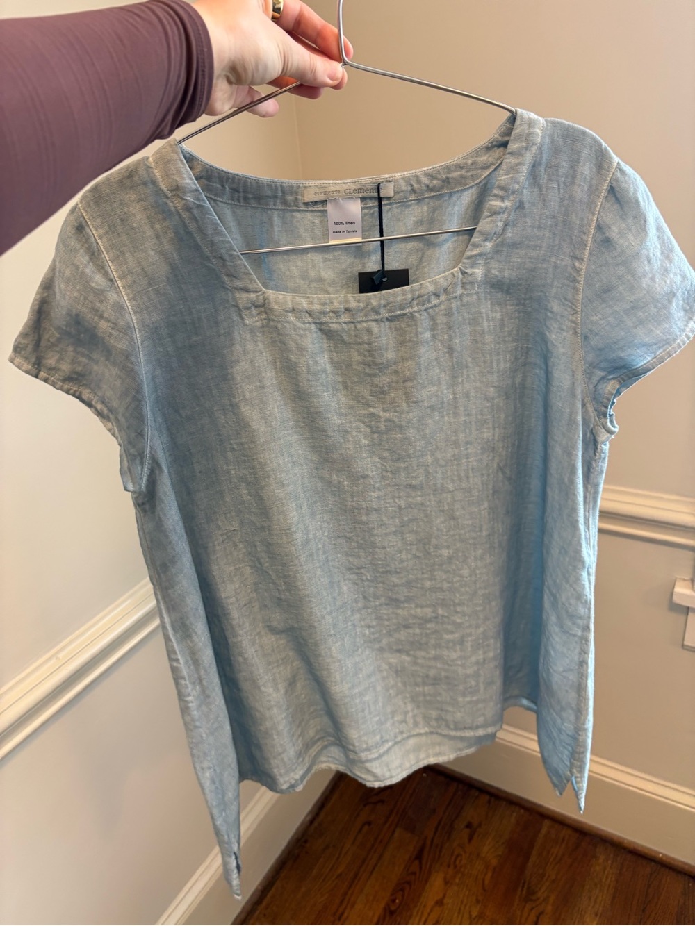 Elemente Clemente Light Blue 100% Linen Square-Neck Short Sleeve Top